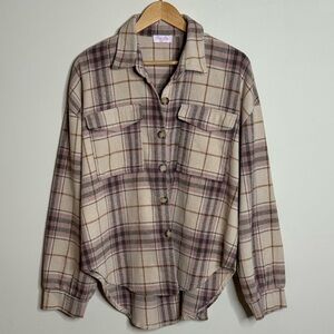 Pink Lily Cream and Mauve Plaid Button-Front Shacket